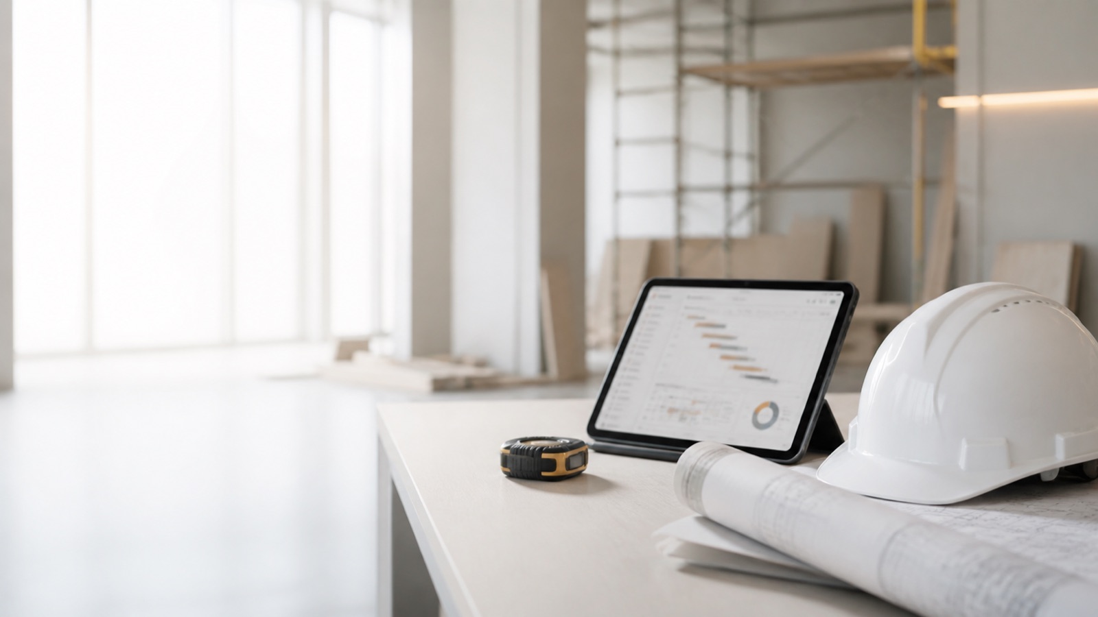 Heller Arbeitsplatz für Bauprojektmanagement mit Schutzhelm, Tablet und Bauplänen